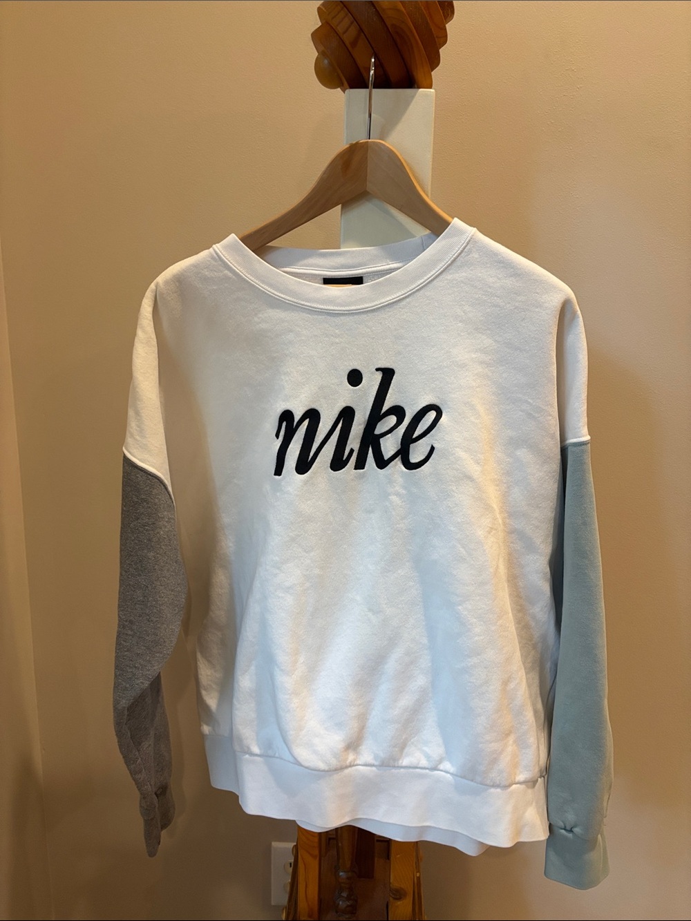 Nike White Crewneck Sweatshirt with Gray and Light Green Sleeves